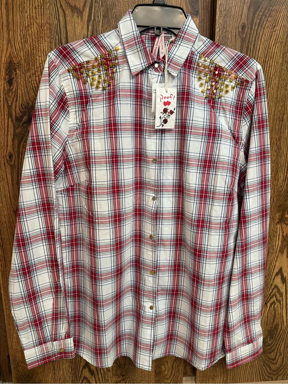 Poof! Red & White Plaid Snap-Down Shirt with Stud Embellishments